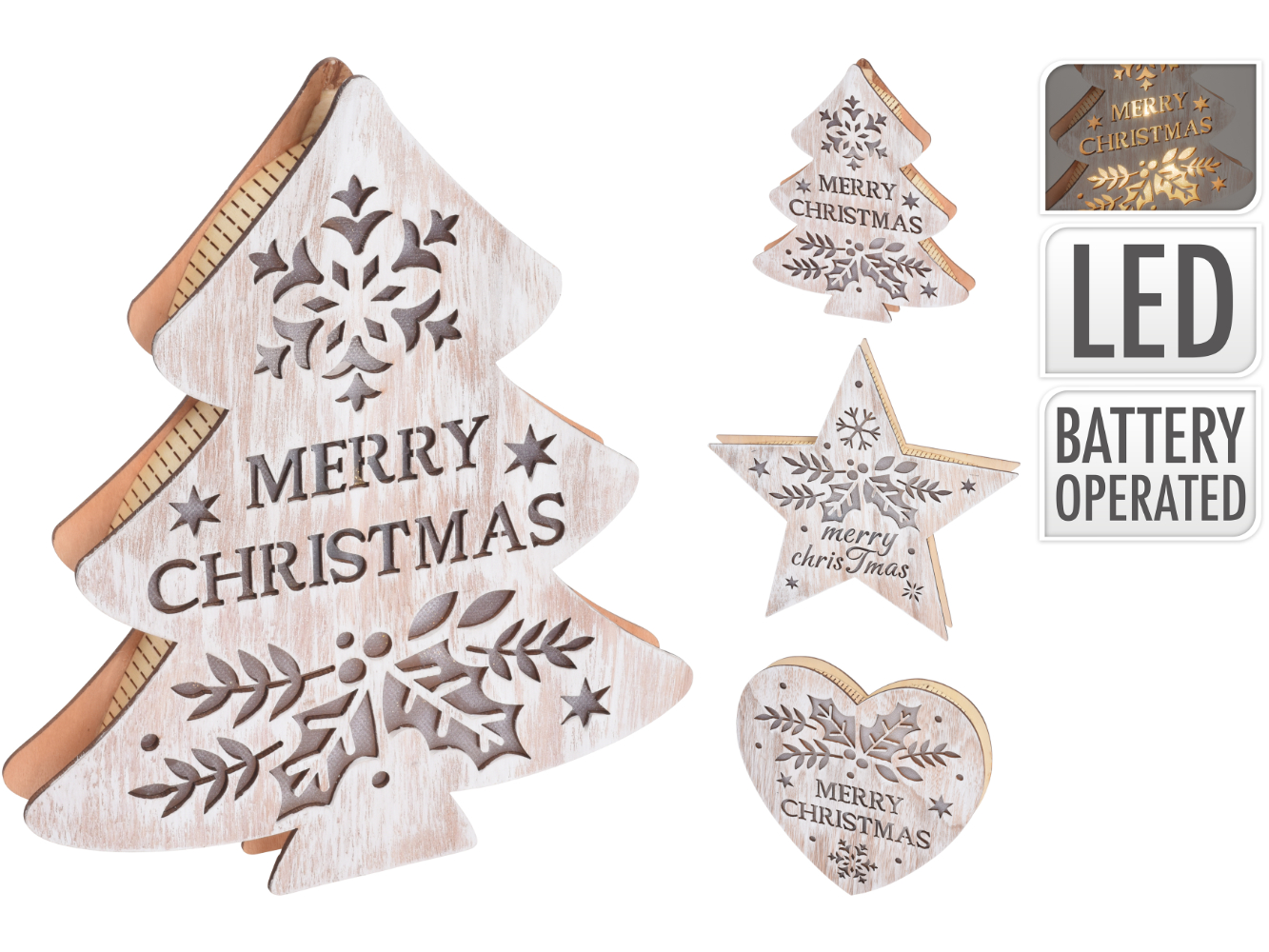 LED Deko Weihnachtsfigur Holz, Stern, Baum, Herz