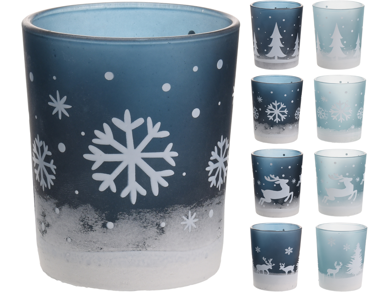 Teelichthalter, Teelichtglas geforstet m. Winterfiguren türkis-weiß