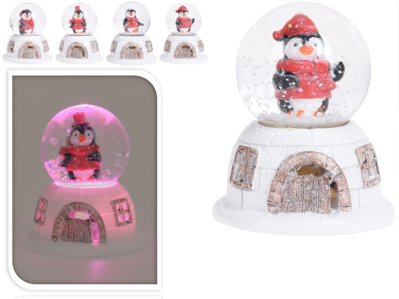 LED Schneekugel Pinguin, 4-fach sortiert
