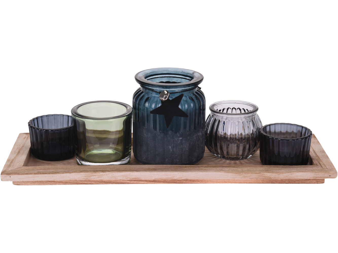 Teelichthalter Set, 4 Teelichtgläser, Vase auf Holztablett