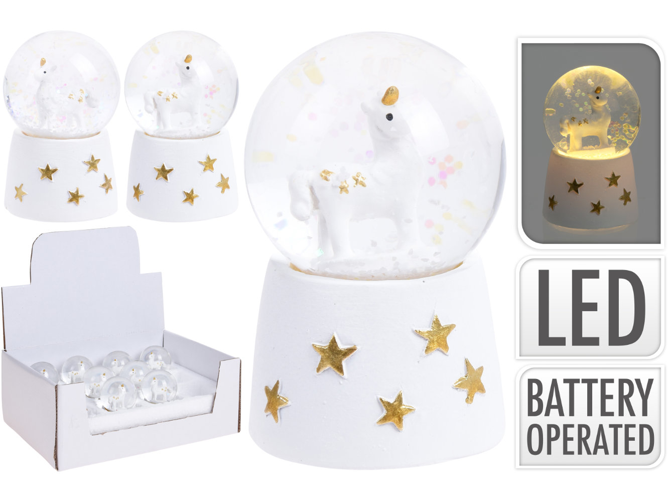 LED Schneekugel Einhorn, 2-fach sortiert