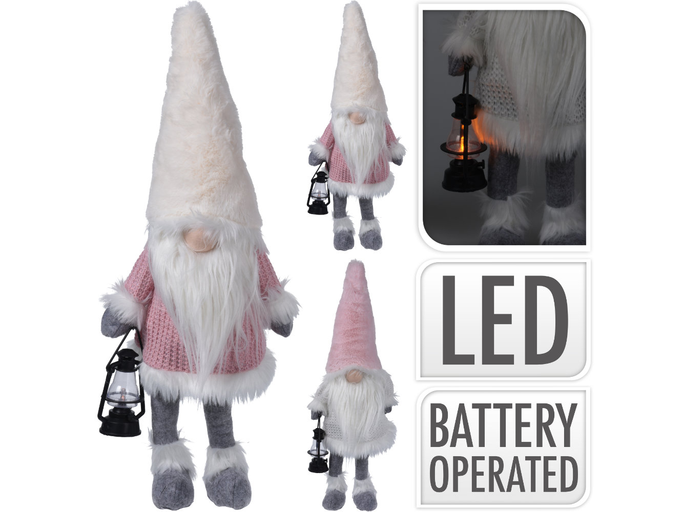 Deko Wackel-Wichtel / Zwerg m. LED Laterne, 2-fach sortiert rosé-weiß