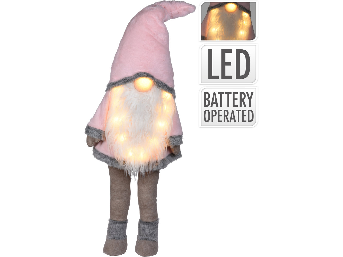 Deko Wackel-Wichtel / Zwerg m. LED Nase & Bart rosé-weiß