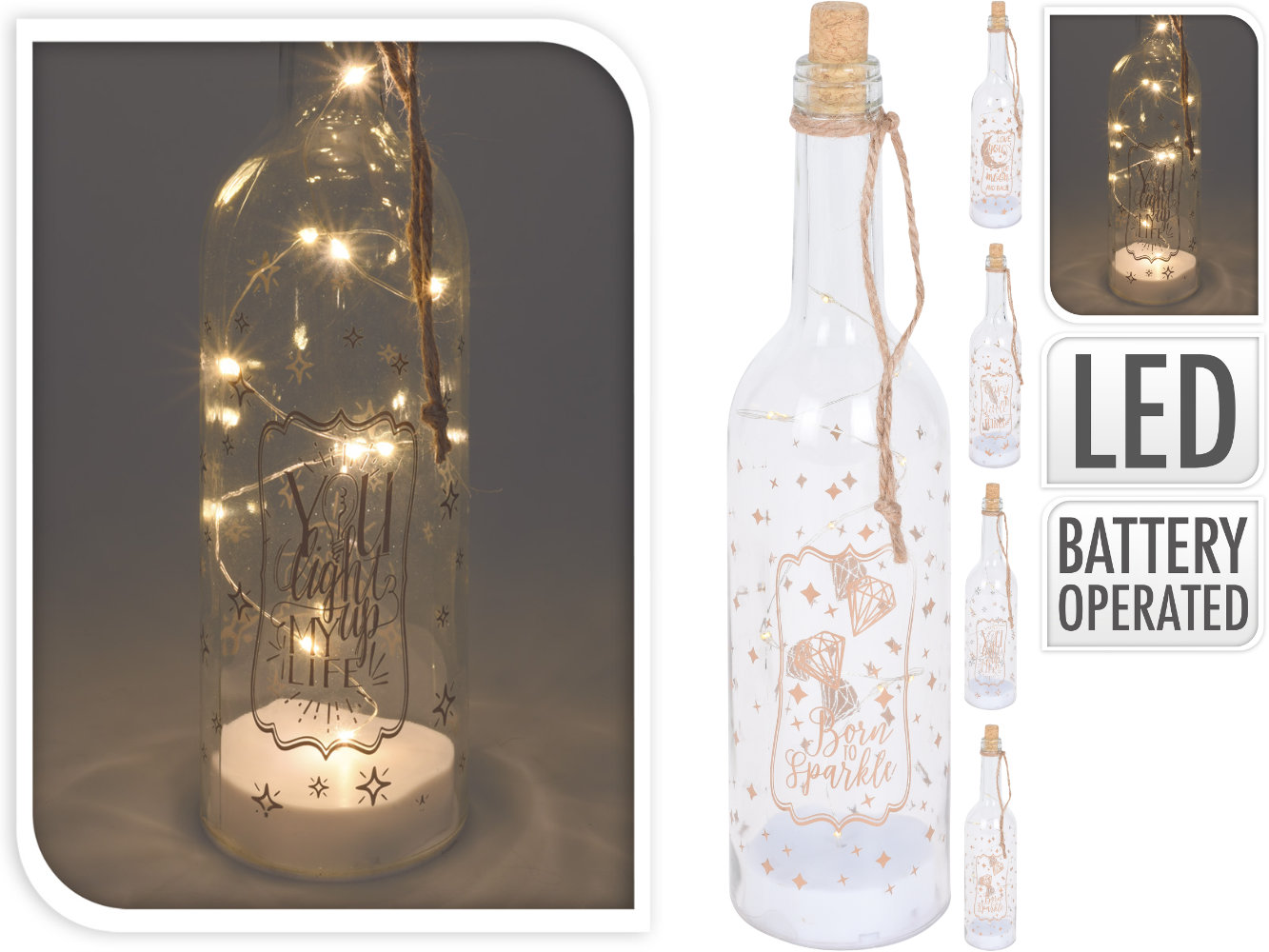 LED Deko Flasche, 4-fach sortiert, warmweiß mit 10 LED`s