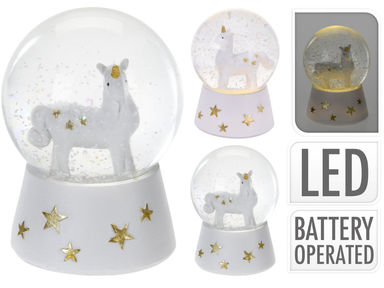 LED Schneekugel Einhorn, 2-fach sortiert, LED warmweiß