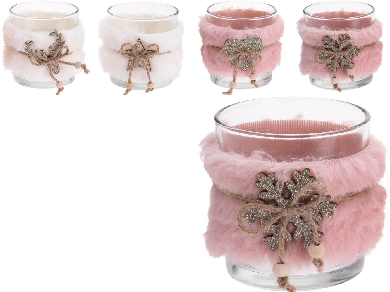 Teelichthalter, Teelichtglas mit Fell rosé & natur