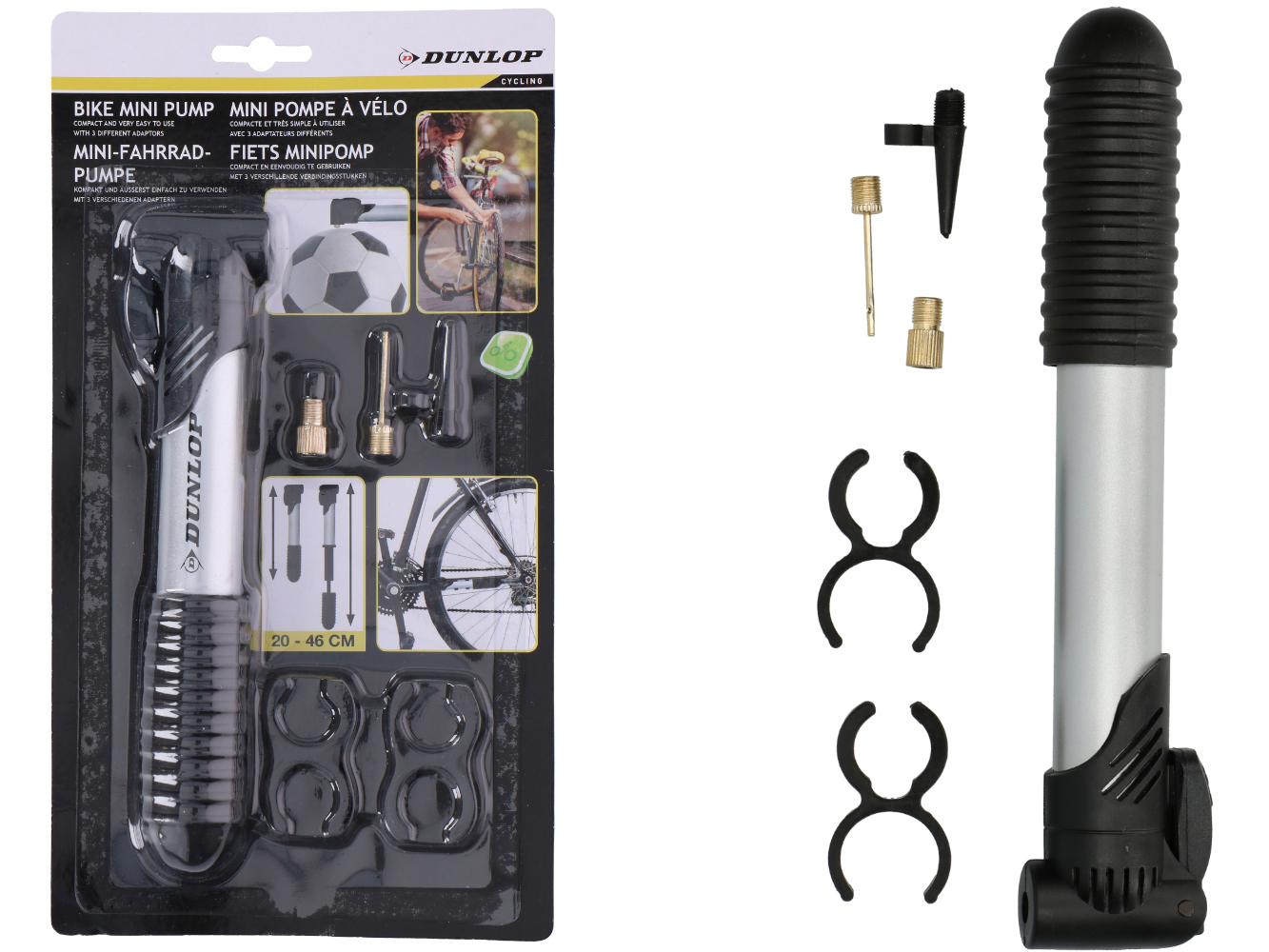 Dunlop Fahrrad- & Ballpumpe mit u. 3 Aufsätzen + Befestigungsclips