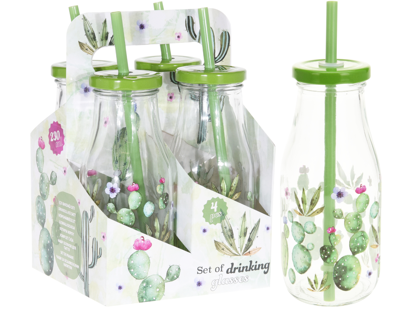 Trinklgläser/Flasche mit Strohalm Kaktus, 4er Set