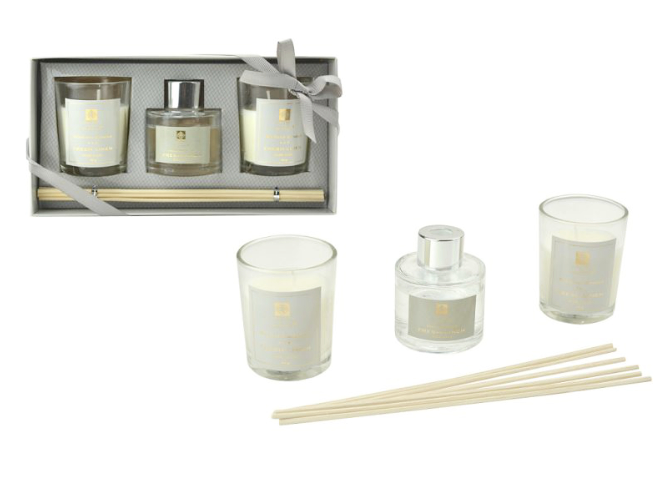 Raumduft, Duftset 30 ml mit 6 Holzstäbchen & 2 Duftkerzen