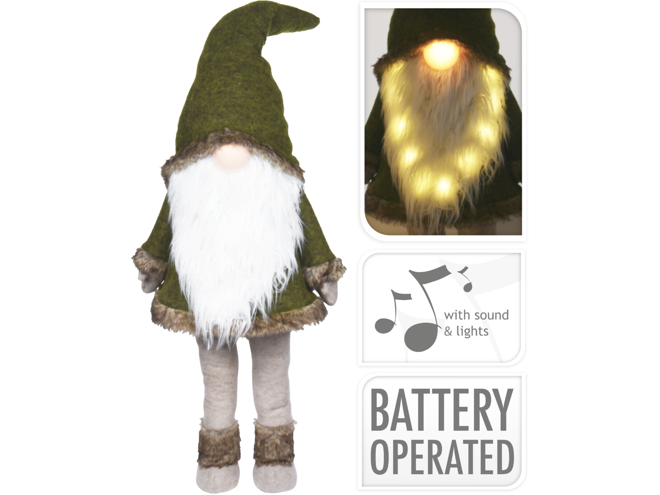 Deko Wackel-Wichtel / Zwerg m. LED Nase & Bart grün