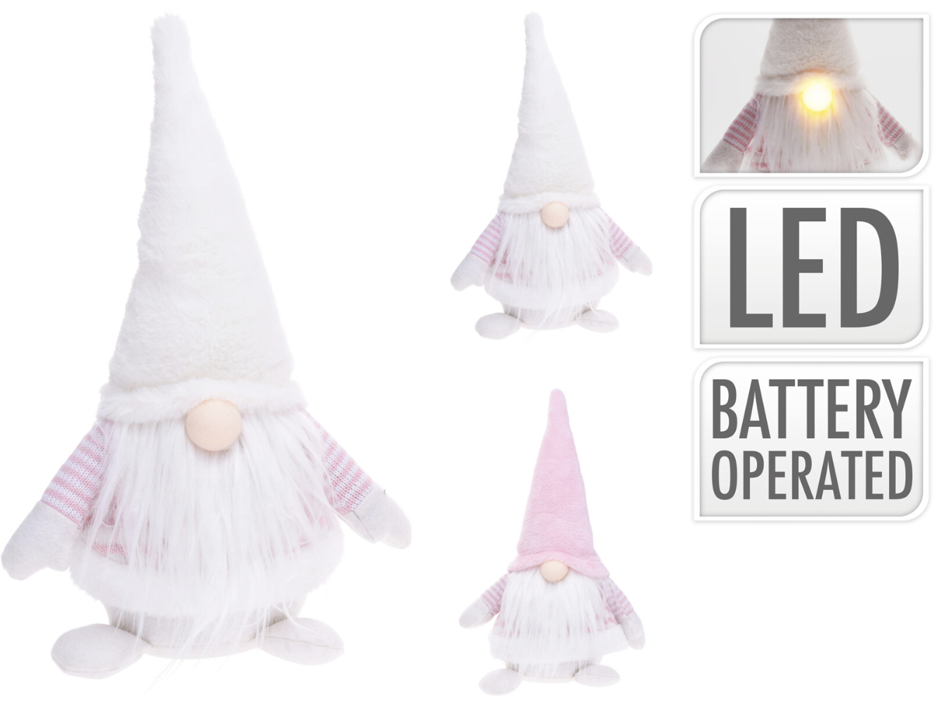 Deko Wackel-Wichtel / Zwerg m. LED Nase, 2-fach sortiert rosé-weiß