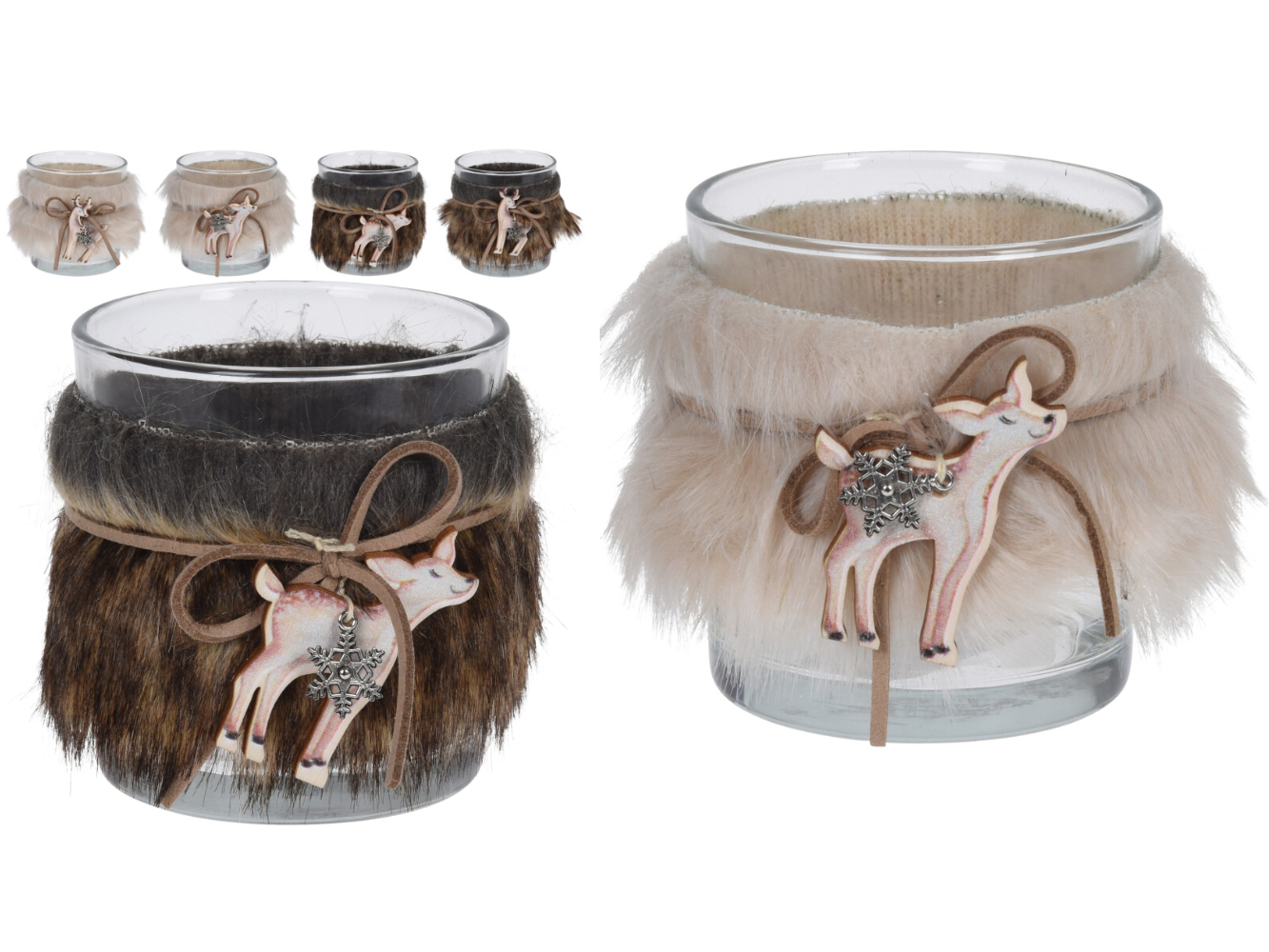 Teelichthalter, Teelichtglas mit Fell braun & natur