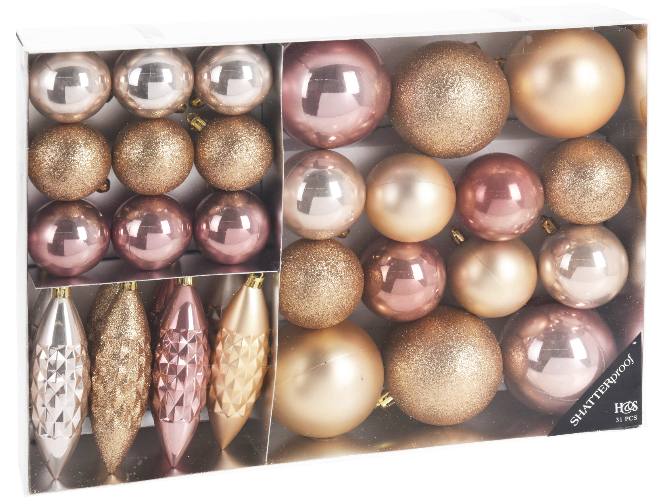 Weihnachtsbaumkugel Kunststoff 31er Komplett-Set Rosé, Gold
