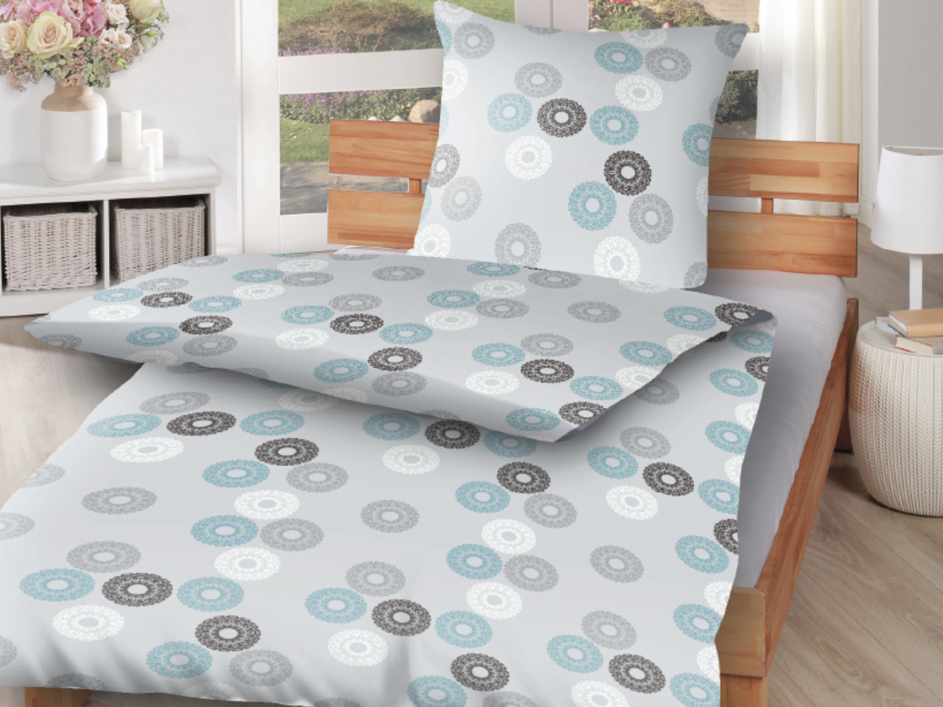 Bettwäsche-Set 135x200 cm + 80x80 cm - Kreise türkis/grau